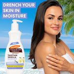 Woman applying lotion with Palmer's Cocoa Butter Formula Tahitian Vanilla body lotion on a beach background.