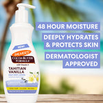 Palmer's Cocoa Butter Formula Tahitian Vanilla lotion bottle with promotional text on a blurred beach background