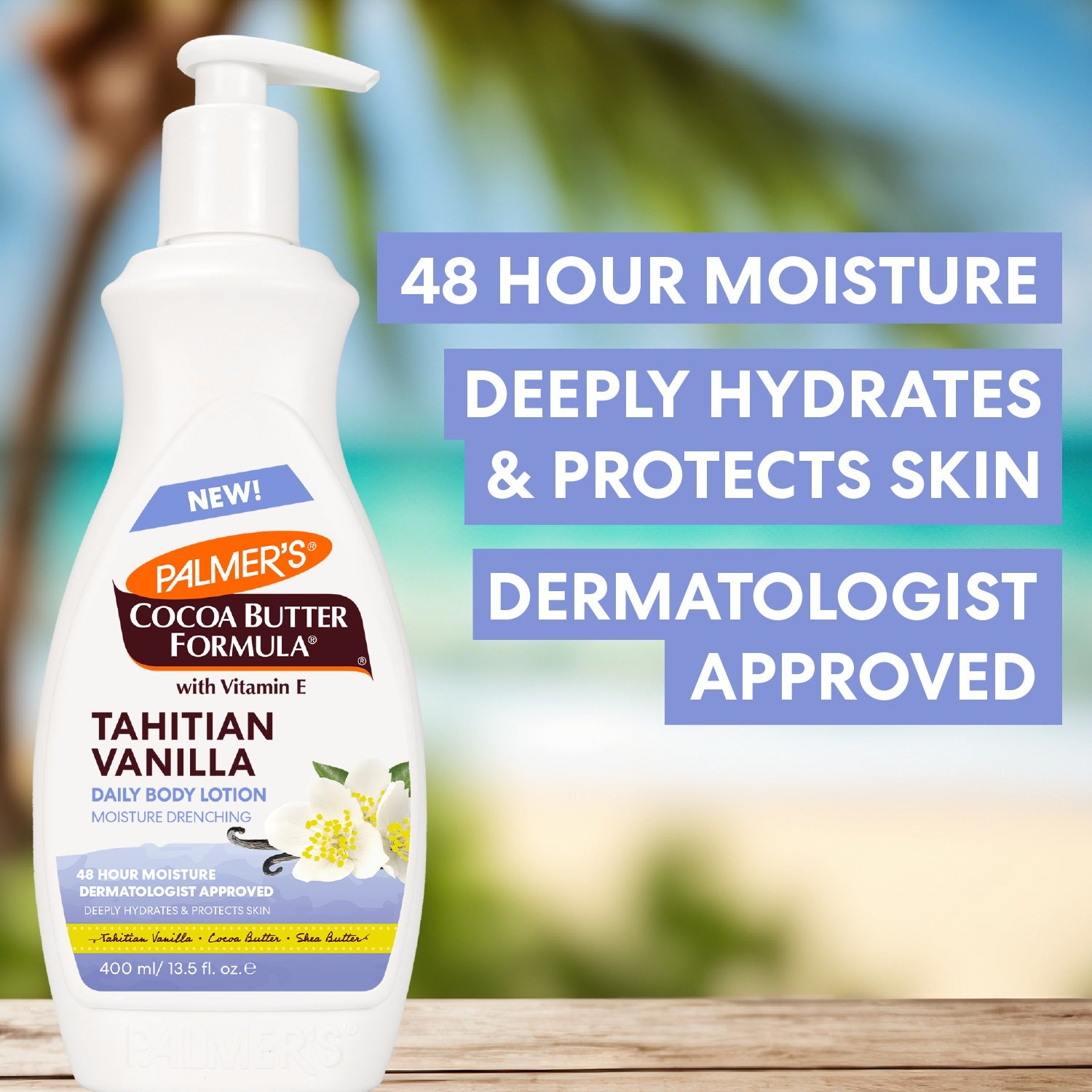 Palmer's Cocoa Butter Formula Tahitian Vanilla lotion bottle with promotional text on a blurred beach background