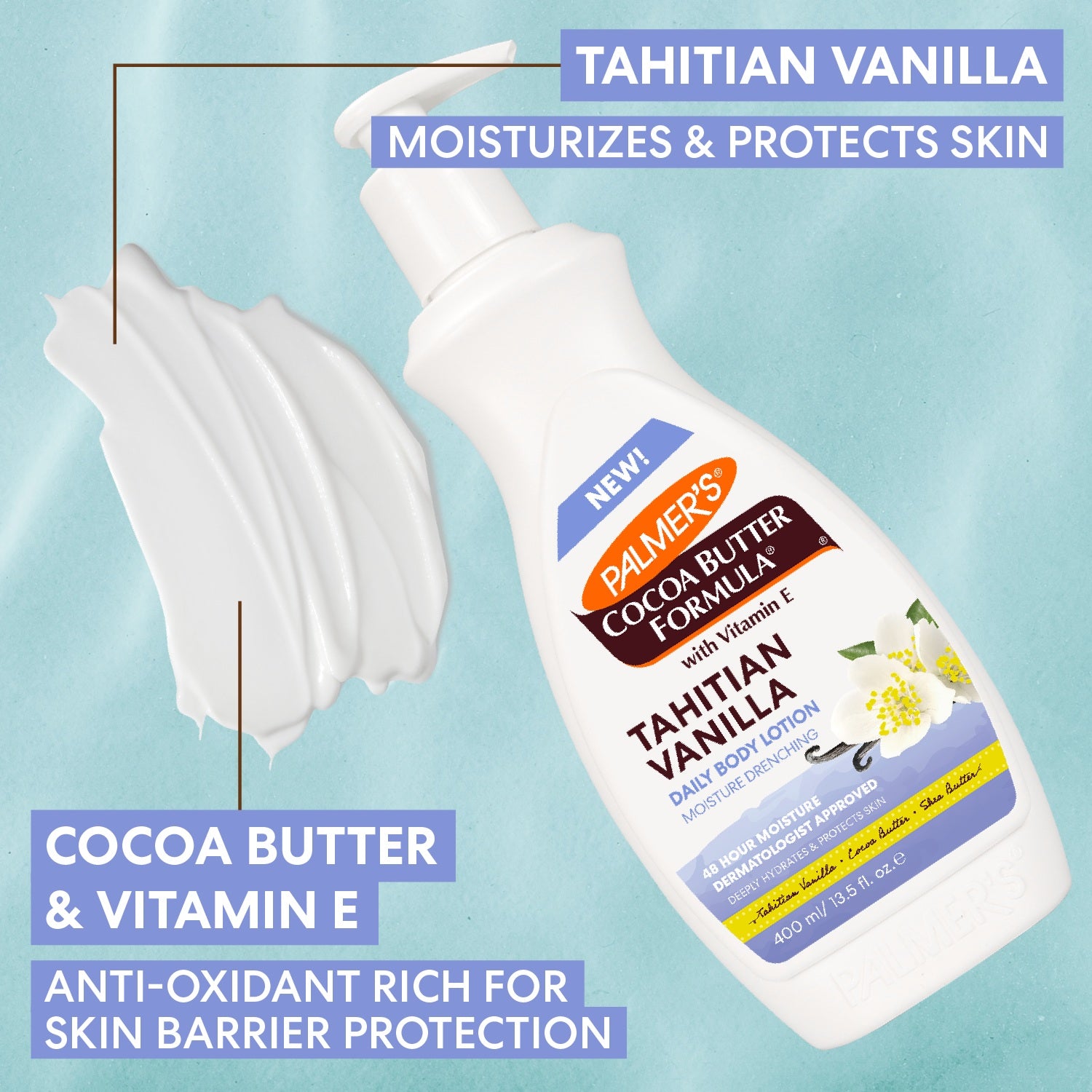 Palmer's Cocoa Butter Formula Tahitian Vanilla lotion bottle with lotion application and text on a light blue background
