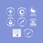 Set of white icons and text on a blue background indicating product safety and ethical attributes.