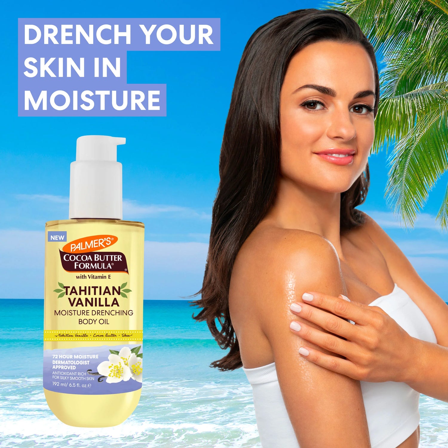 Woman applying Palmer's Tahitian Vanilla Moisture Drenching Body Oil.