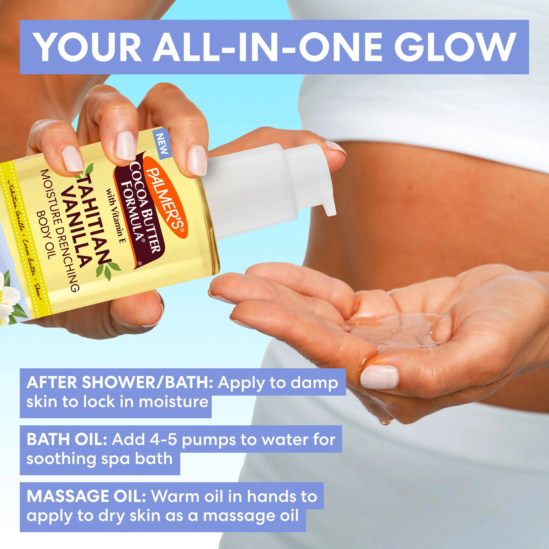 Hands applying Palmer’s Tahitian Vanilla Moisture Drenching Body Oil.