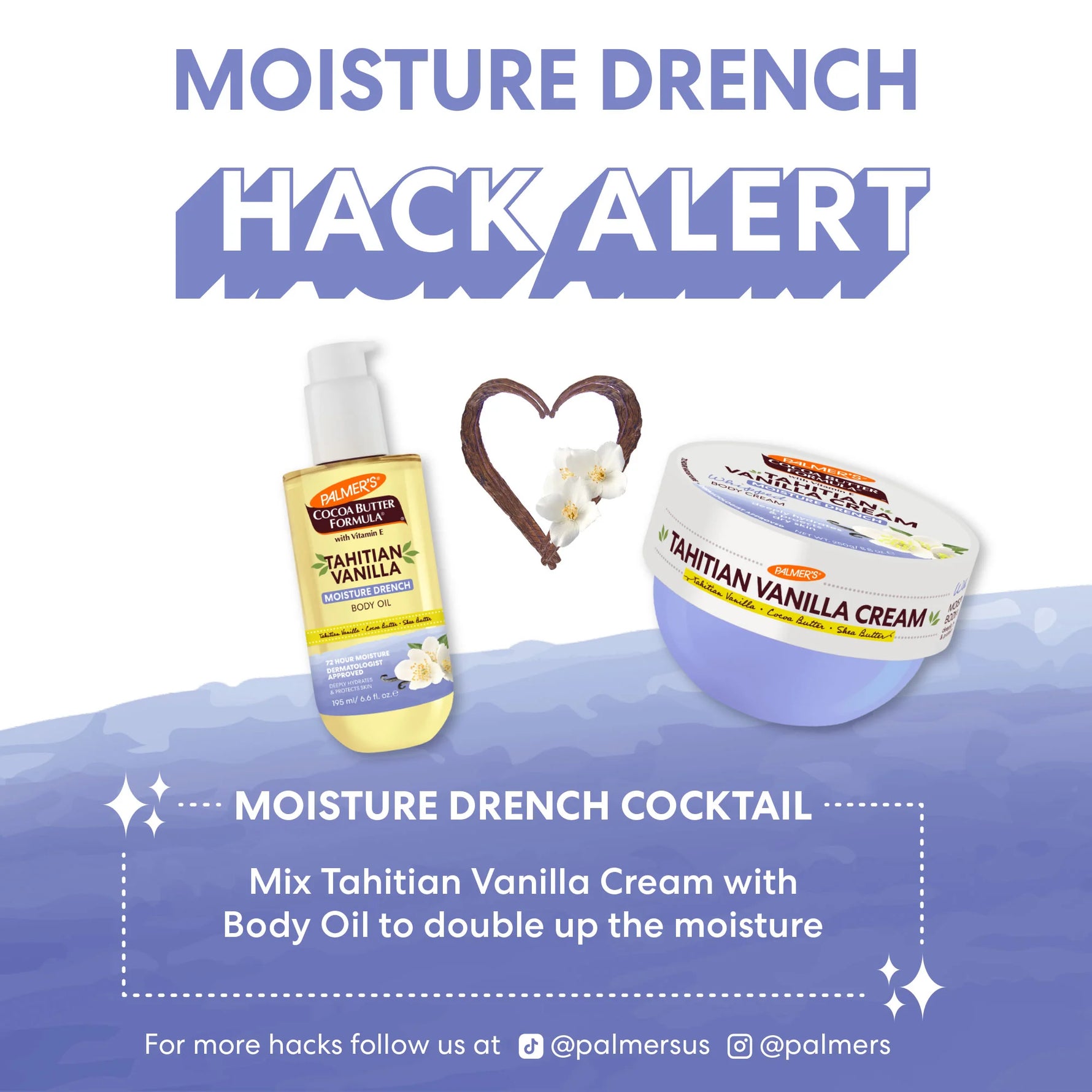 Tahitian Vanilla Moisture Drench Body Oil with Cream and vanilla pod.