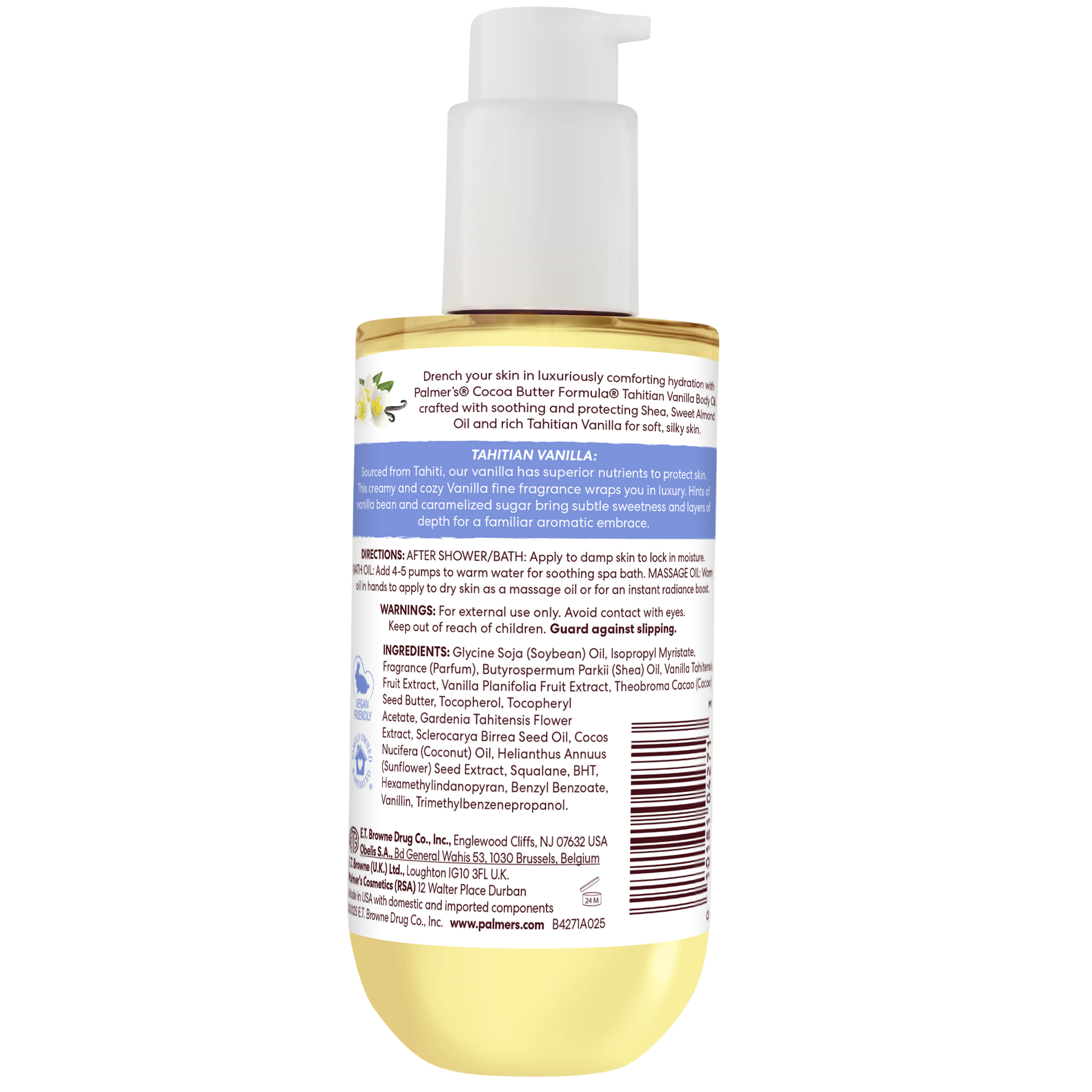 Tahitian Vanilla Moisture Drenching Body Oil back label with usage instructions.