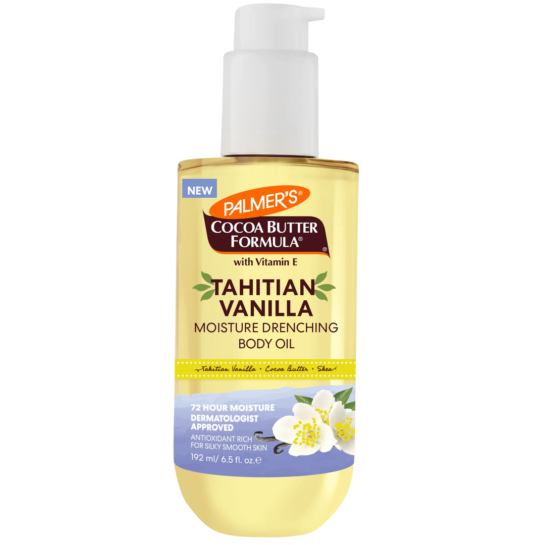 Palmer's Cocoa Butter Formula Tahitian Vanilla body oil bottle on a white background