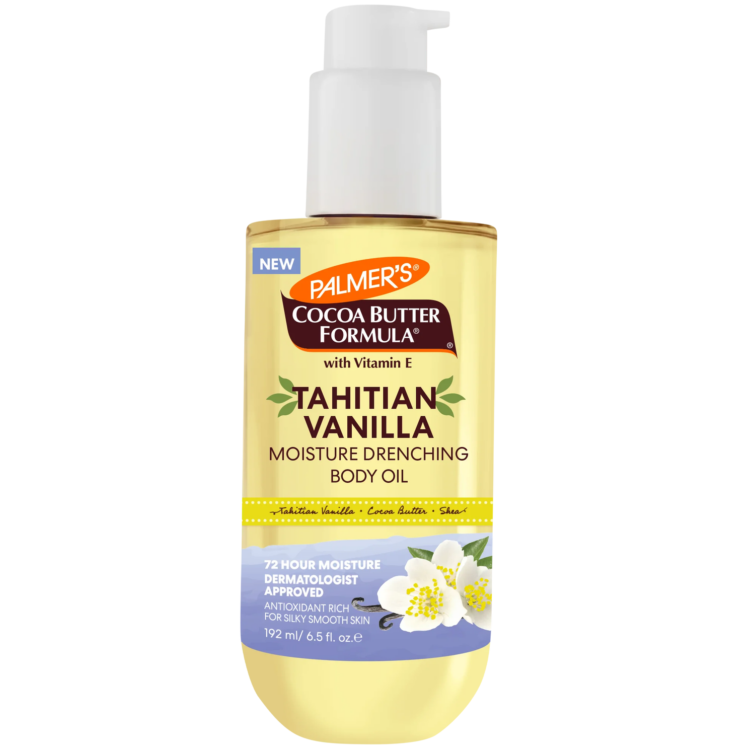 Palmer's Cocoa Butter Formula Tahitian Vanilla body oil bottle on a white background