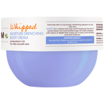 Purple body cream container with white label on a white background