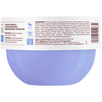 Back view of a blue container with a white label displaying text and icons.