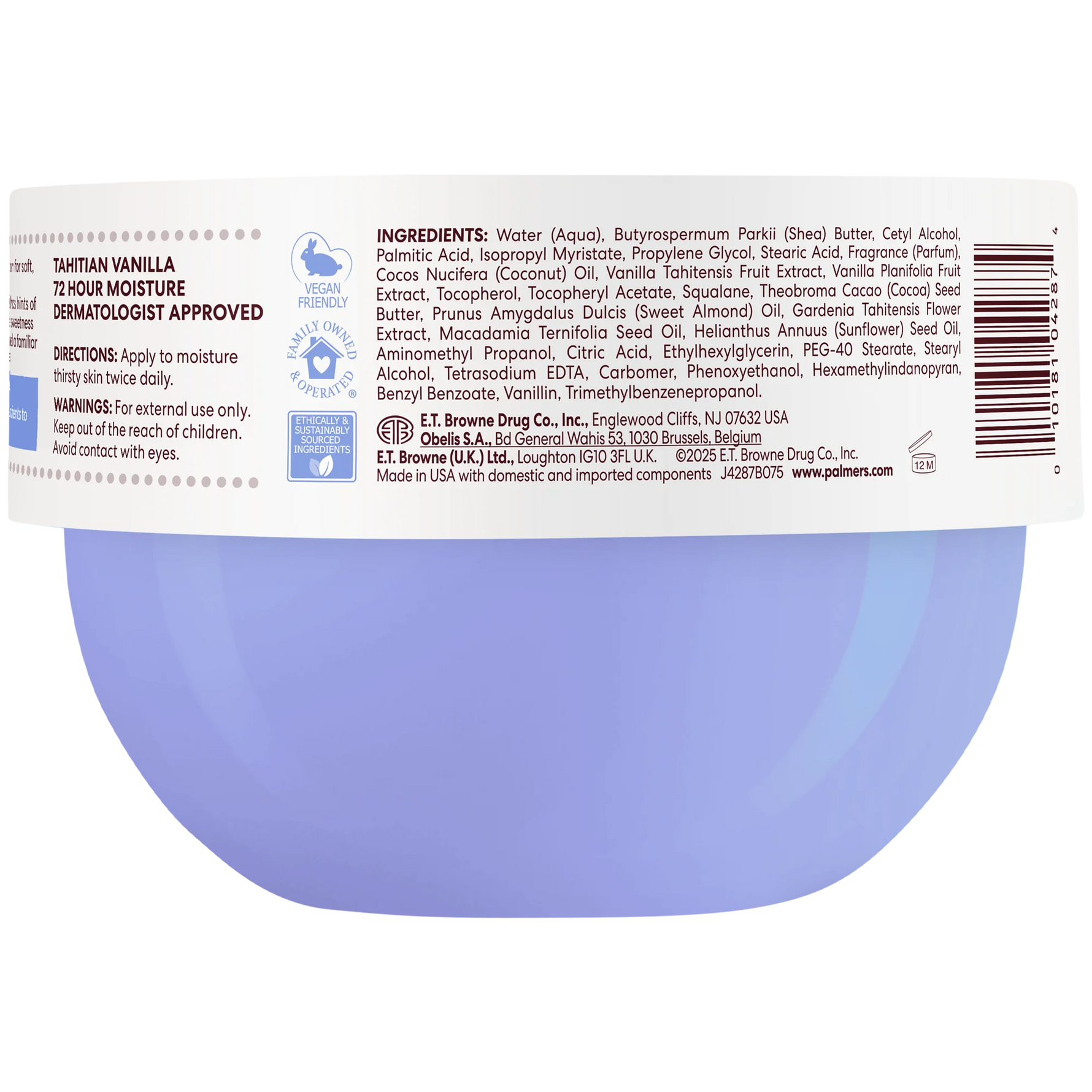 Back view of a blue container with a white label displaying text and icons.