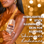 Woman holding a Palmer's Cocoa Butter Formula Shimmer Stick with a blurred gold background