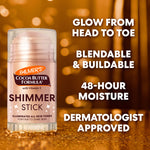 Palmer's Cocoa Butter Formula shimmer stick with text highlighting features on a blurred background