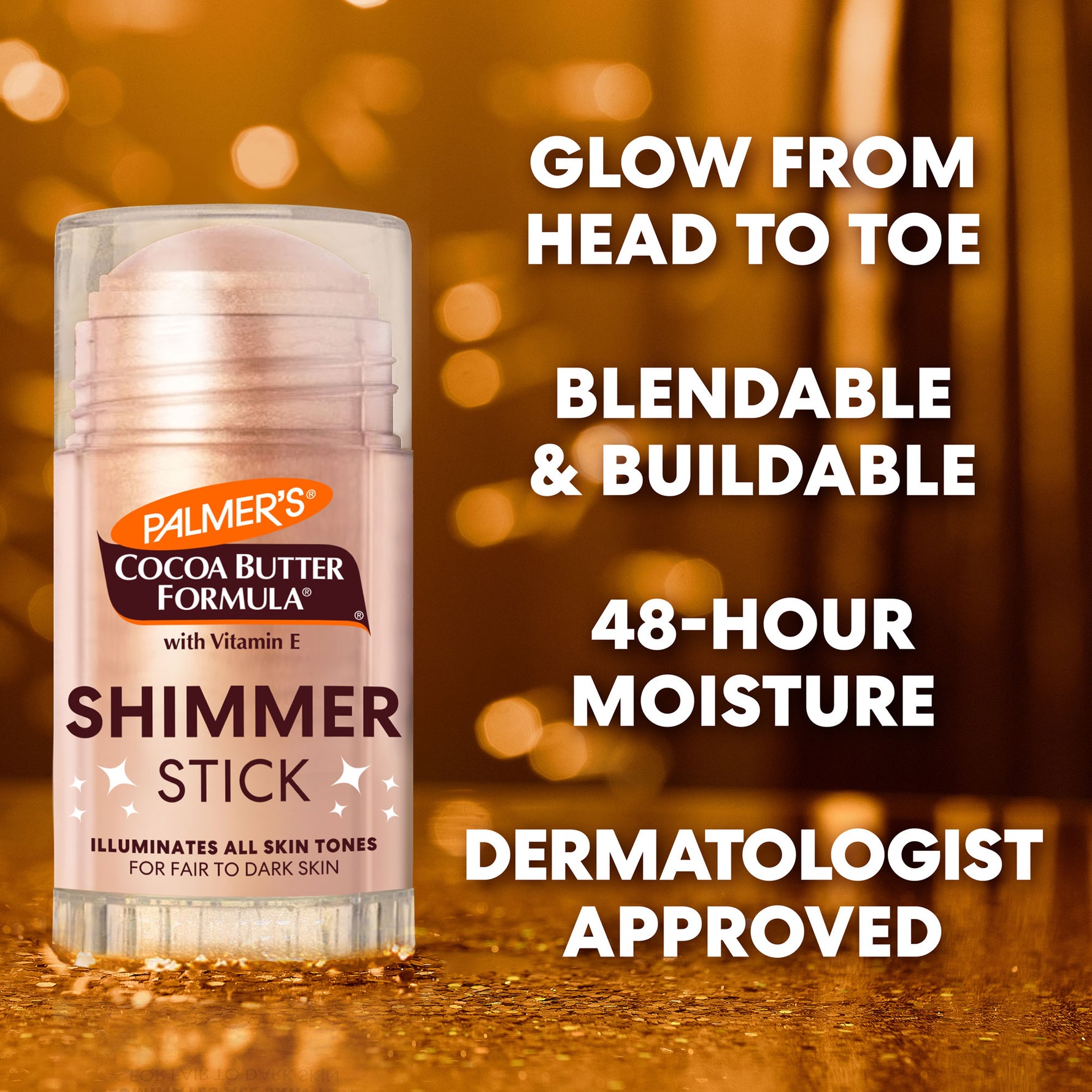 Palmer's Cocoa Butter Formula shimmer stick with text highlighting features on a blurred background