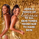 Two women in gold dresses with a text overlay on a gold background