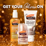 Palmer's Cocoa Butter Formula skincare products on a glittery background with 'Get Your Glow On' text.