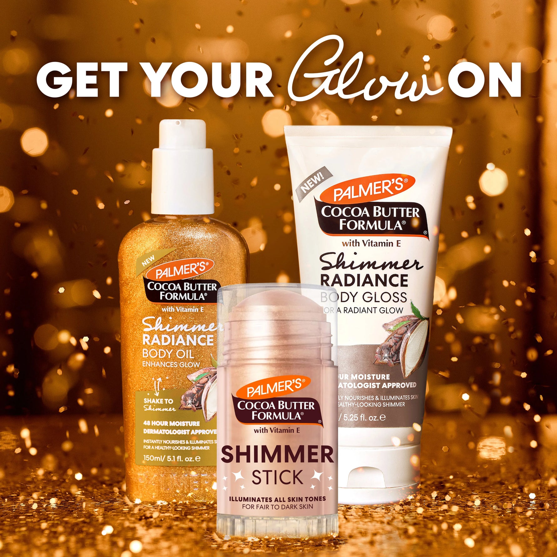 Palmer's Cocoa Butter Formula skincare products on a glittery background with 'Get Your Glow On' text.