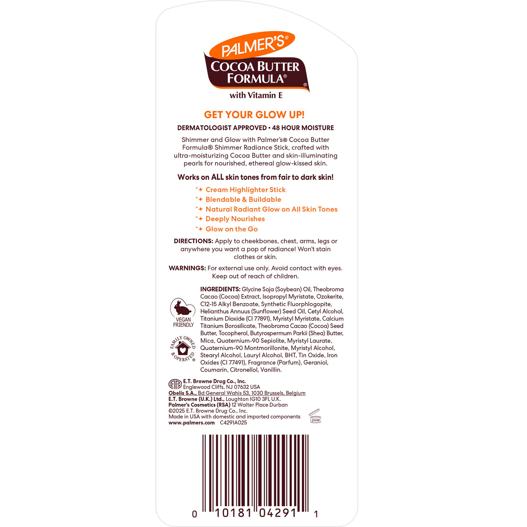 Back of a Palmer's Cocoa Butter Formula product packaging with text and branding.