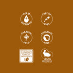 Collection of eco-friendly and ethical product labels on a brown background