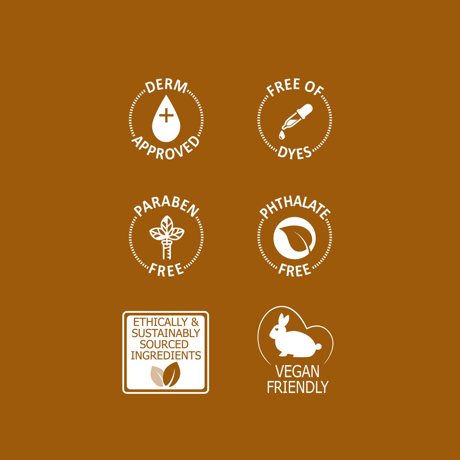 Collection of eco-friendly and ethical product labels on a brown background