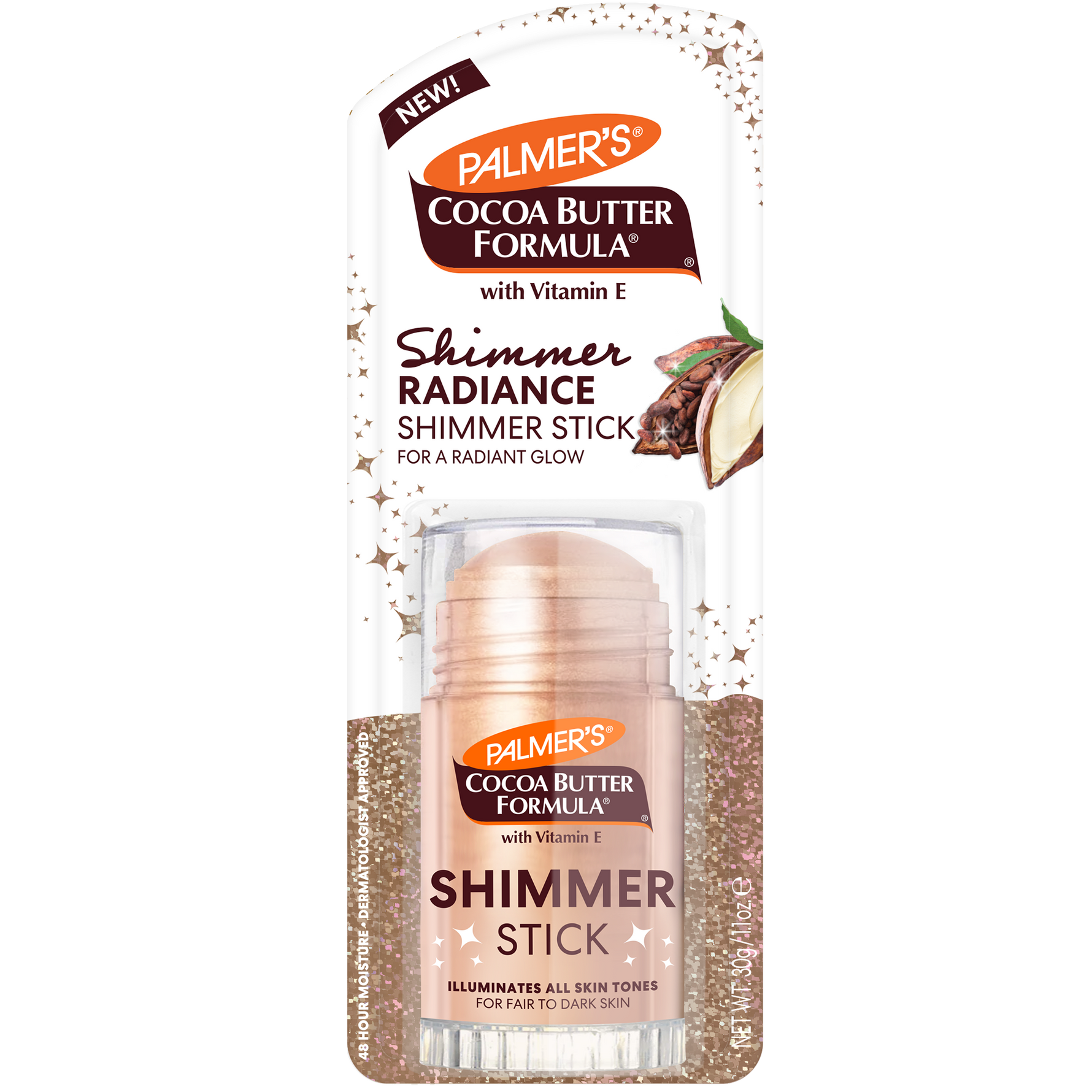 Palmer's Shimmer Radiance Shimmer Stick pack with cocoa pods and shimmer