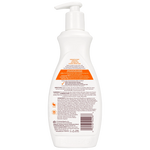 Back view of a white bottle with text and a pump on a white background
