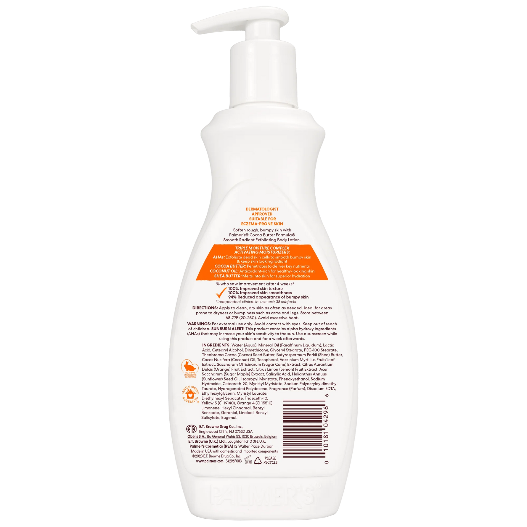 Back view of a white bottle with text and a pump on a white background