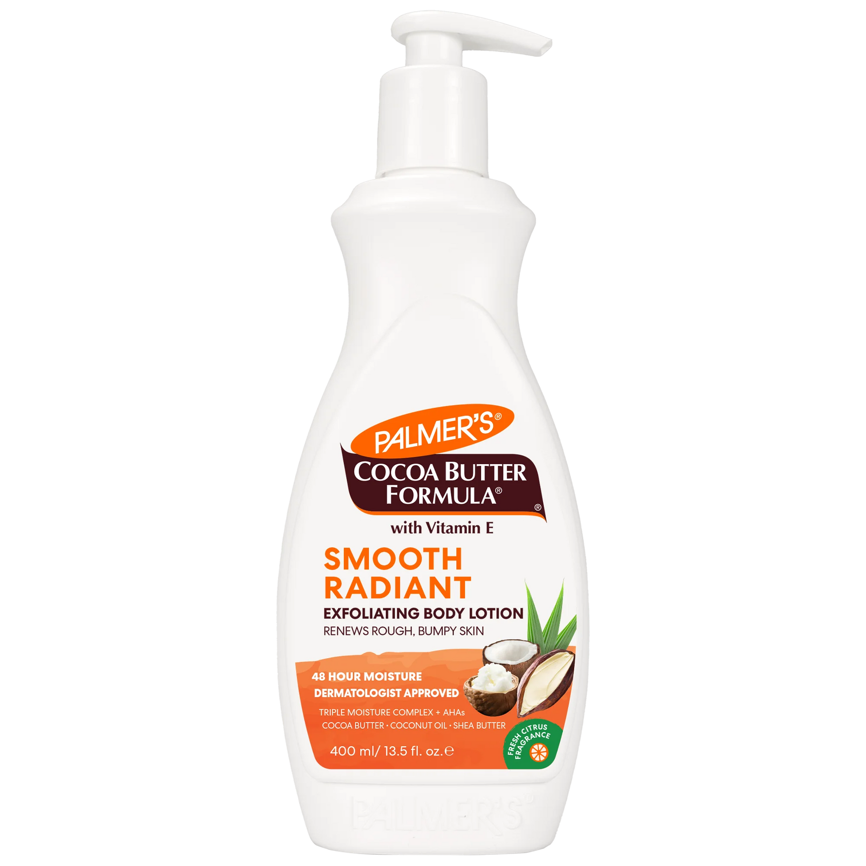  Palmer's Cocoa Butter Formula exfoliating body lotion bottle on a white background