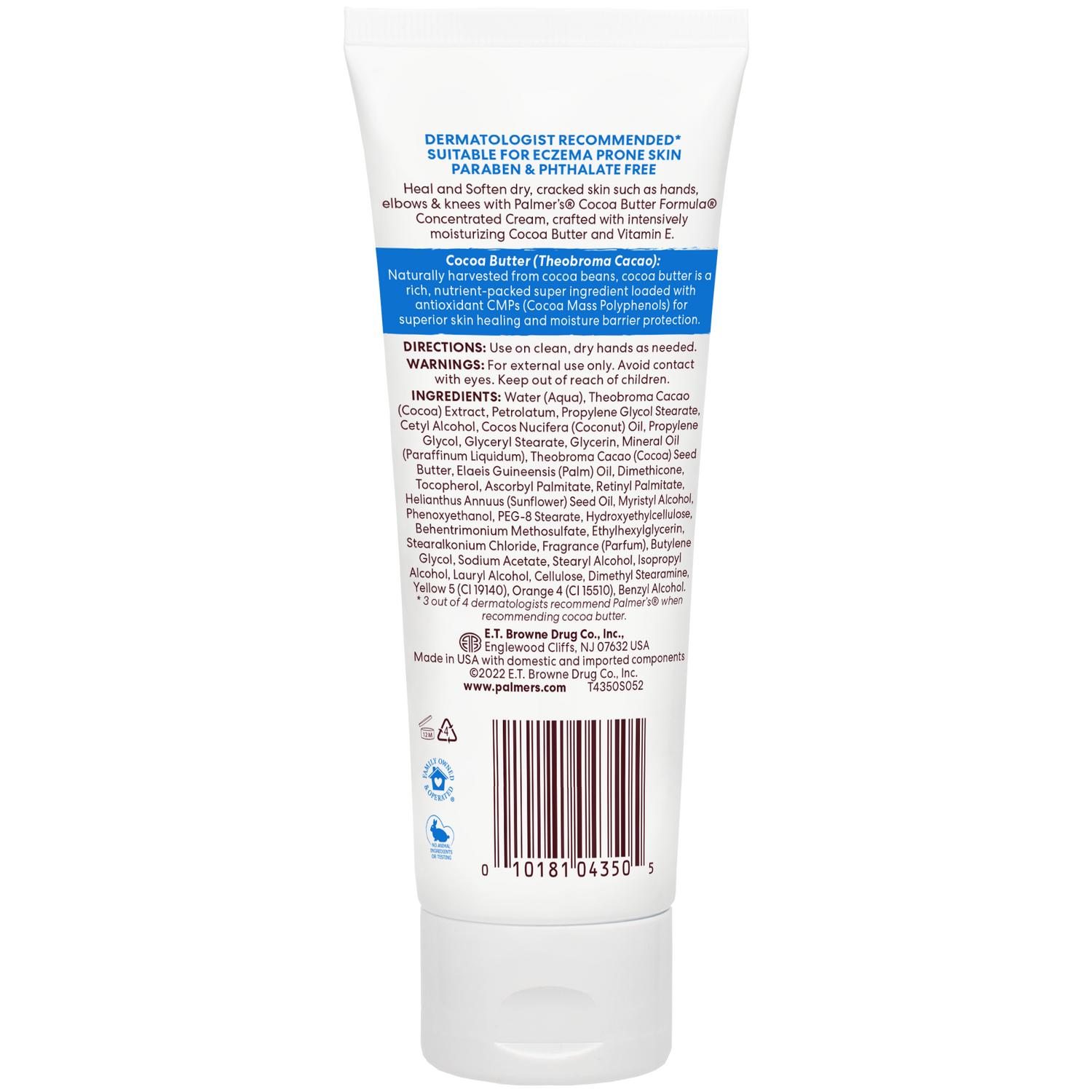 Back view of a skincare product tube with text and labels on a white background