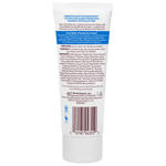 Back label of a skincare product container with text and a barcode on a white background