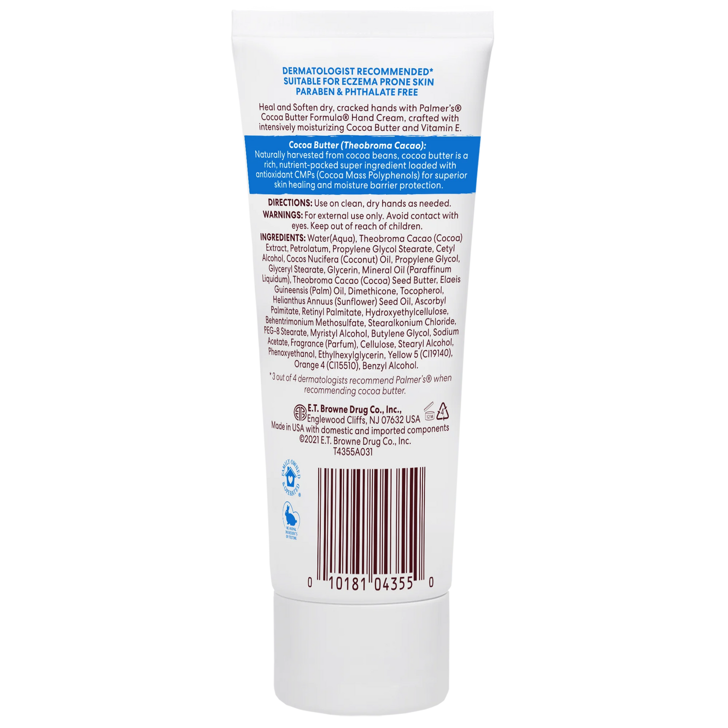 Back label of a skincare product container with text and a barcode on a white background