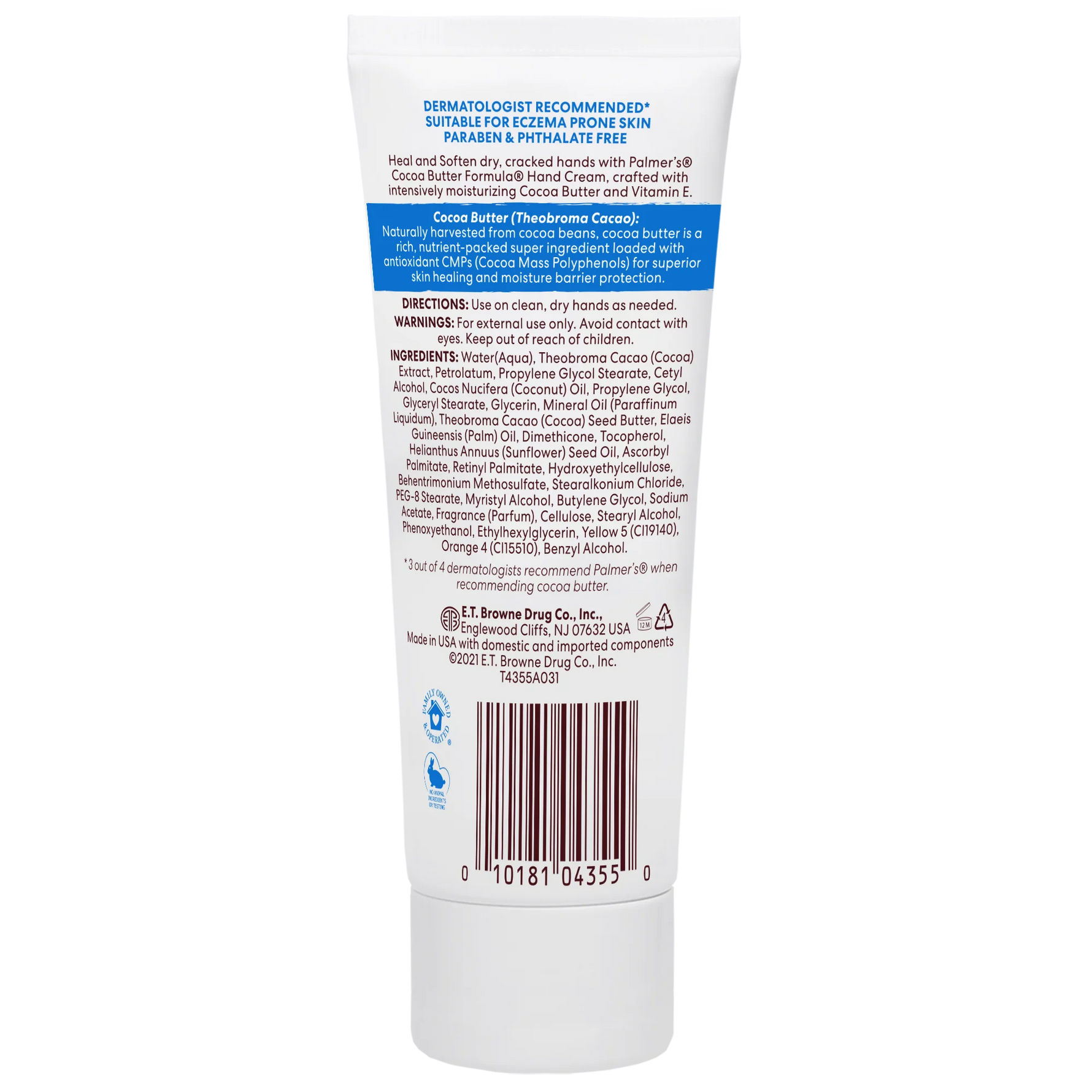 Back label of a skincare product container with text and a barcode on a white background