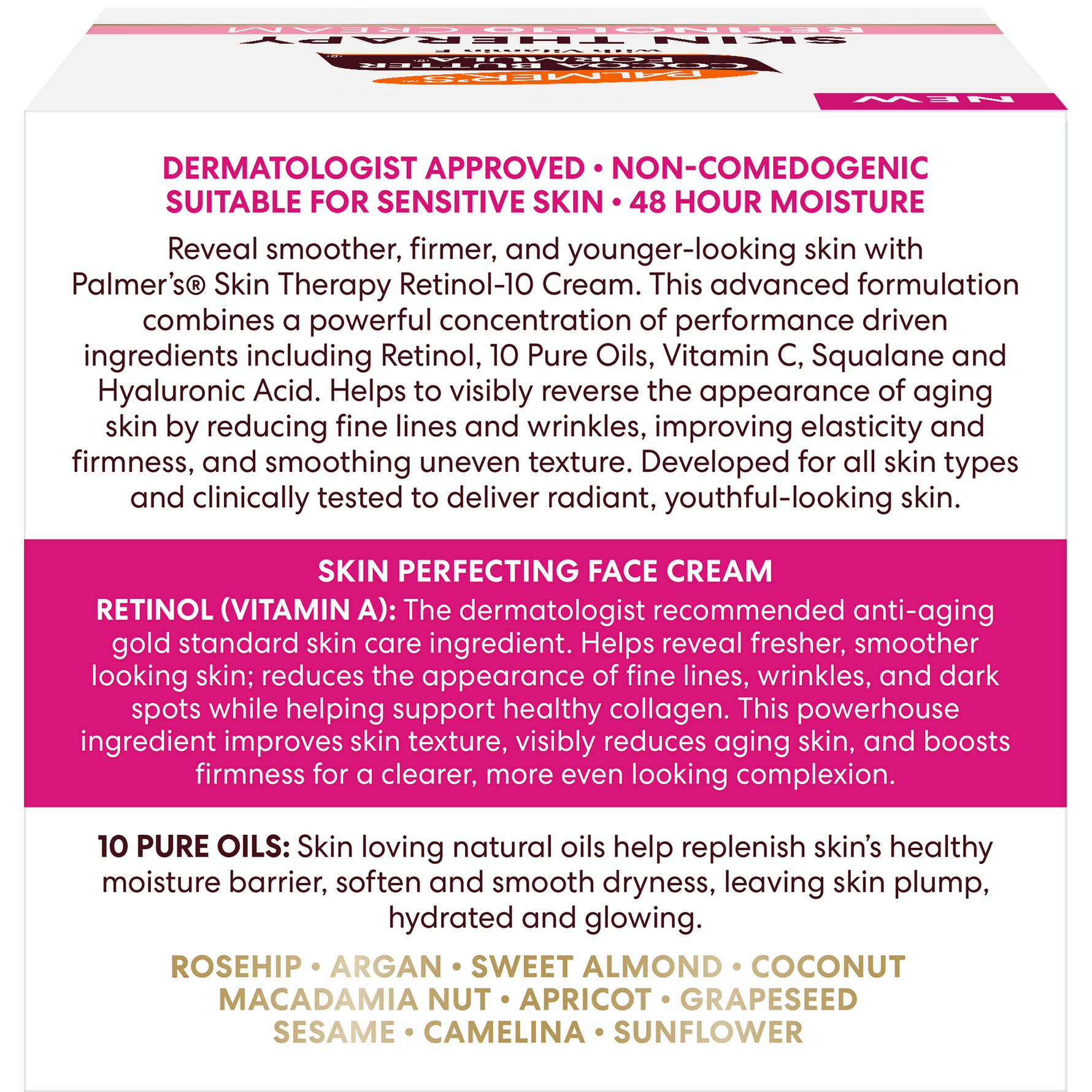 Product packaging with text about dermatologist-approved skin cream and its ingredients.