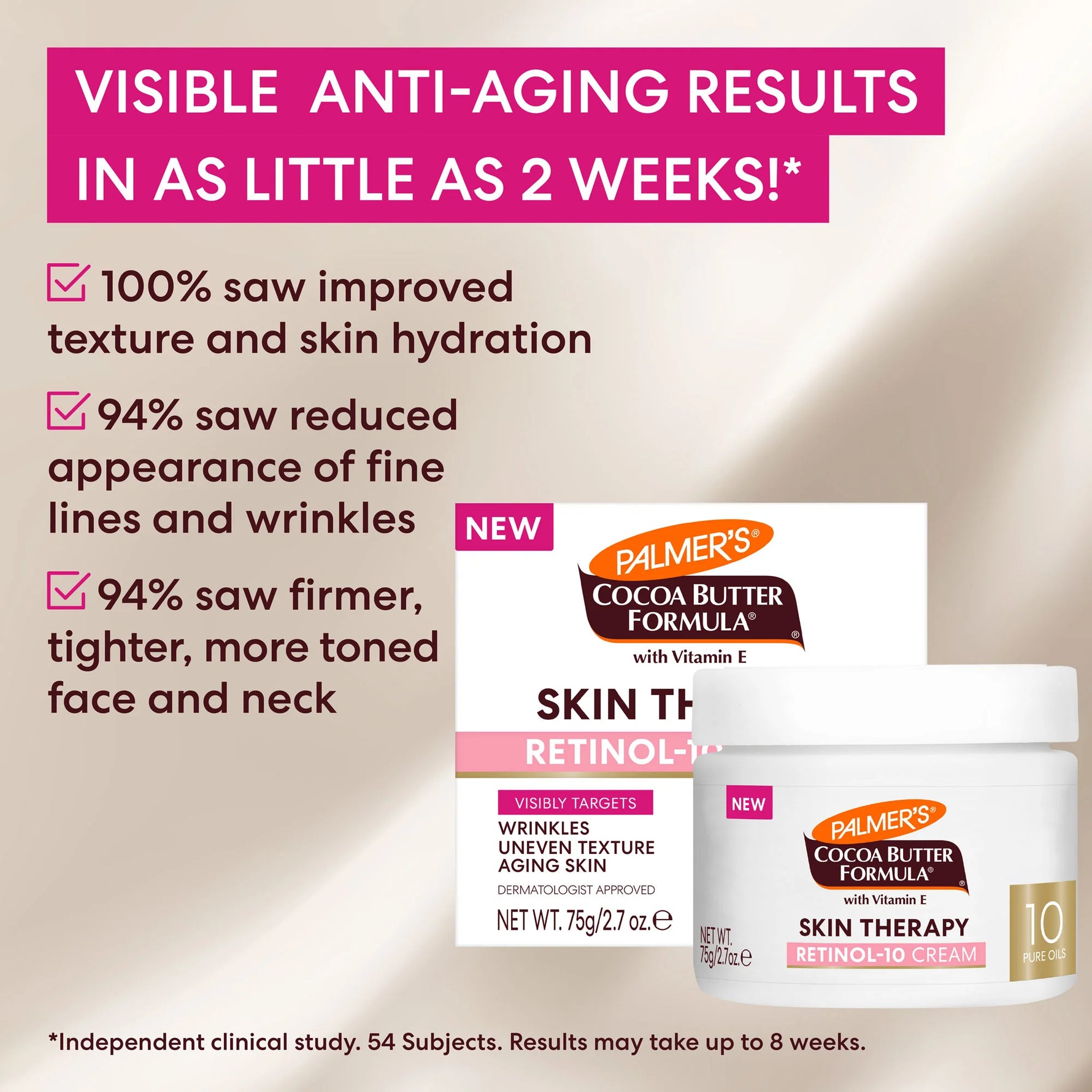 Palmer's Cocoa Butter Formula Skin Therapy Retinol 10 Cream with visible anti-aging results claims.