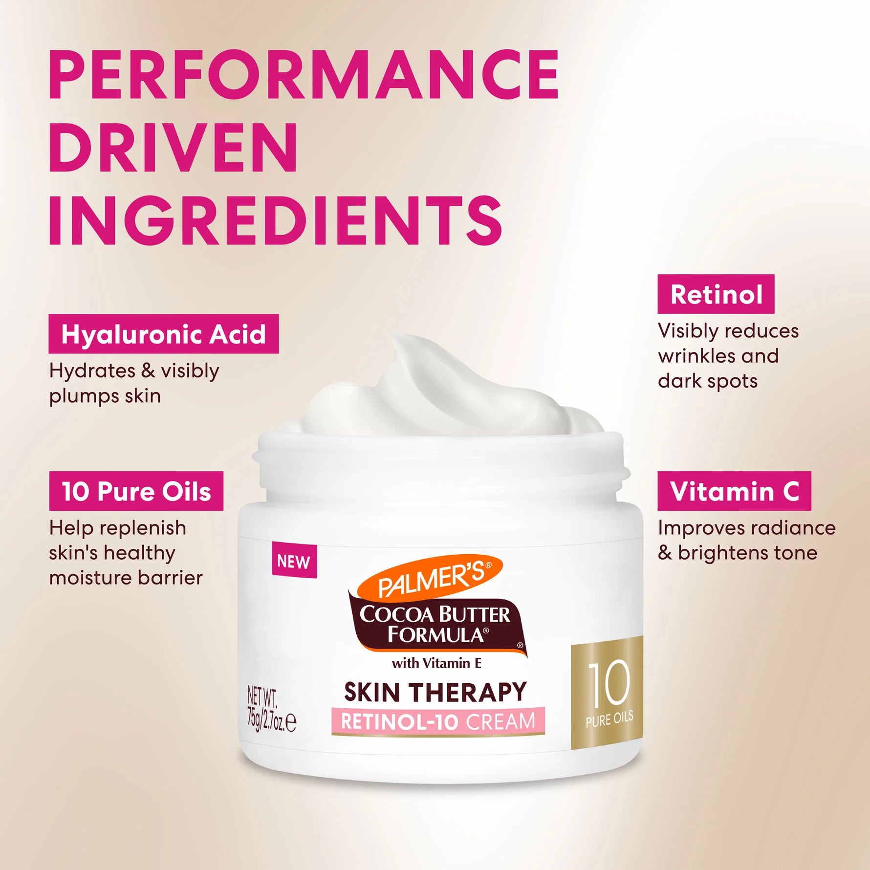 Palmer's Cocoa Butter Formula Skin Therapy Retinol-10 Cream with performance-driven ingredients listed.
