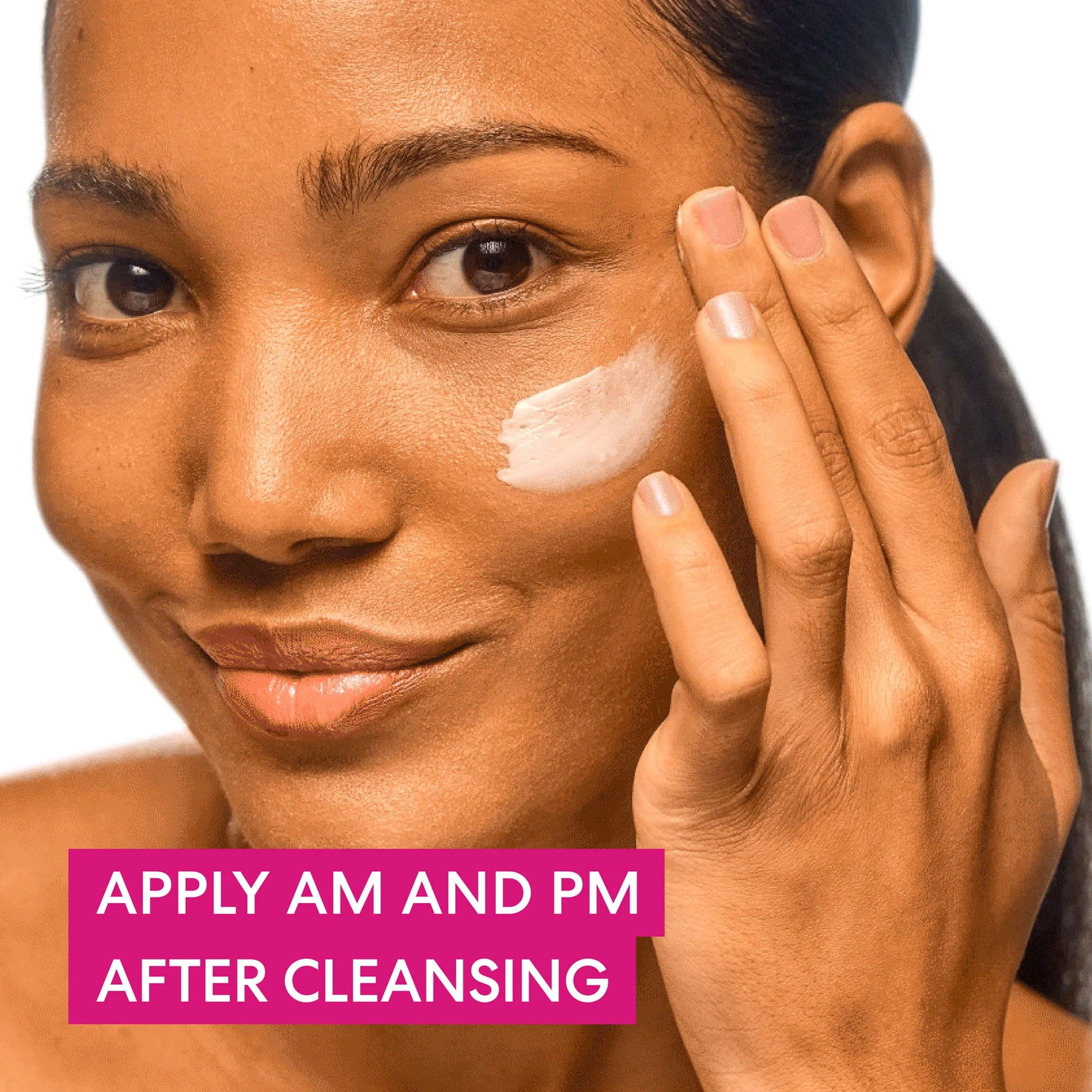 Woman applying cream to her face with text about skincare routine.