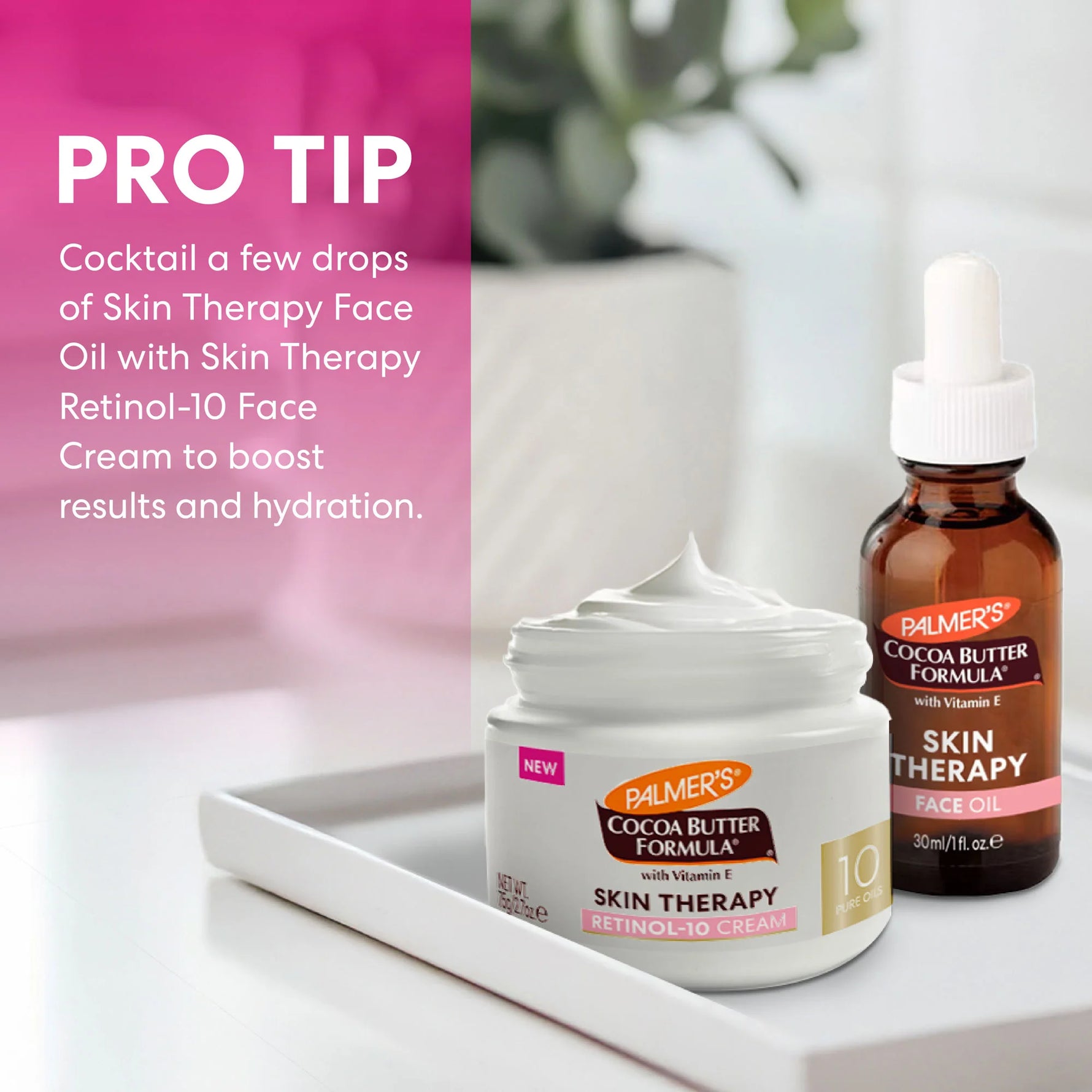 Palmer's Cocoa Butter Formula Skin Therapy products on a tray with text overlay.