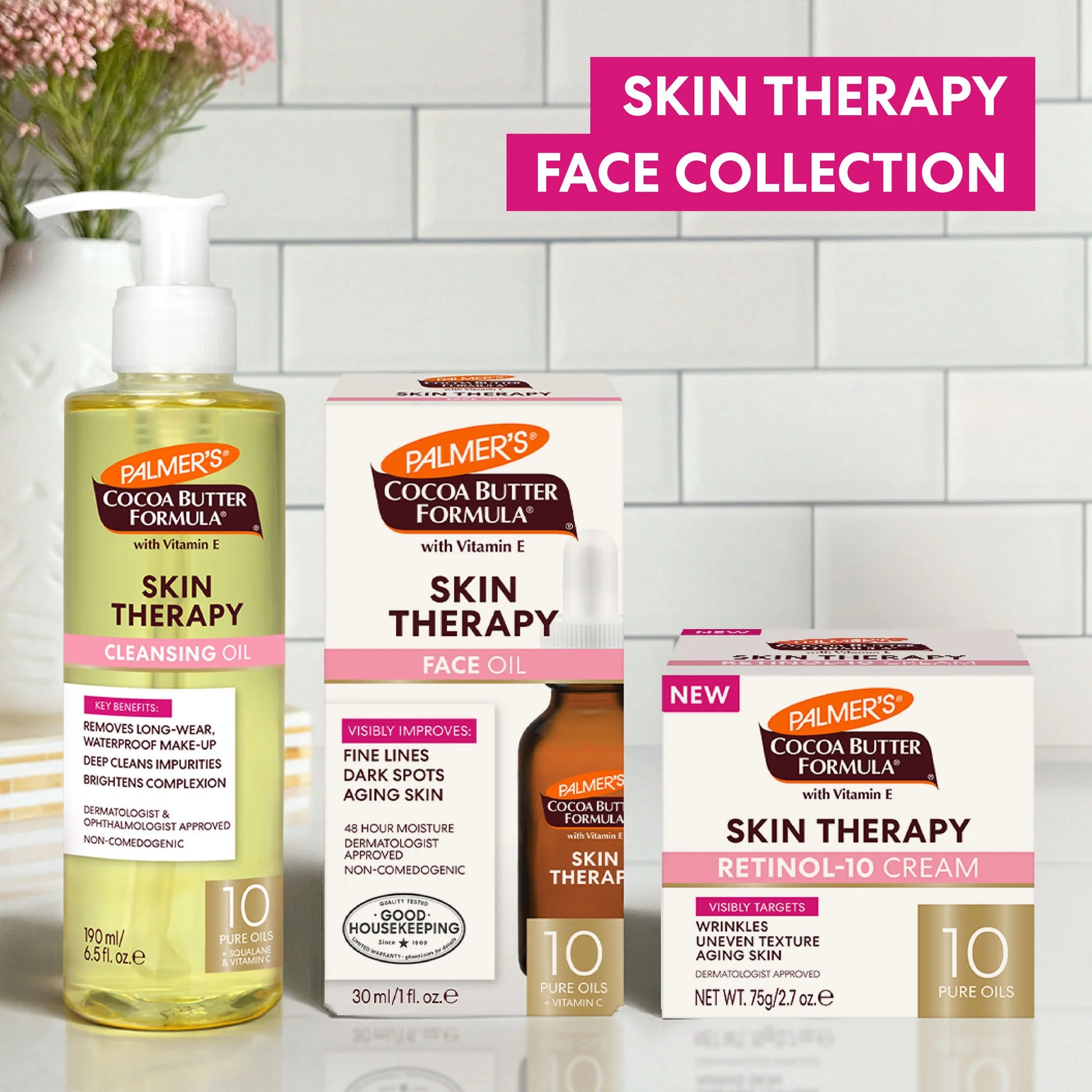 Palmer's Cocoa Butter Formula Skin Therapy Face Collection on a tiled wall background