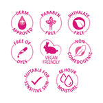 Set of pink product safety and feature icons on a white background
