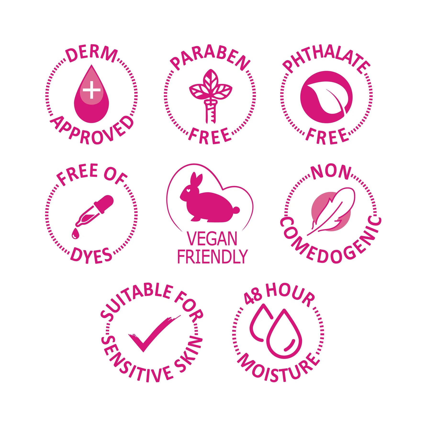 Set of pink product safety and feature icons on a white background