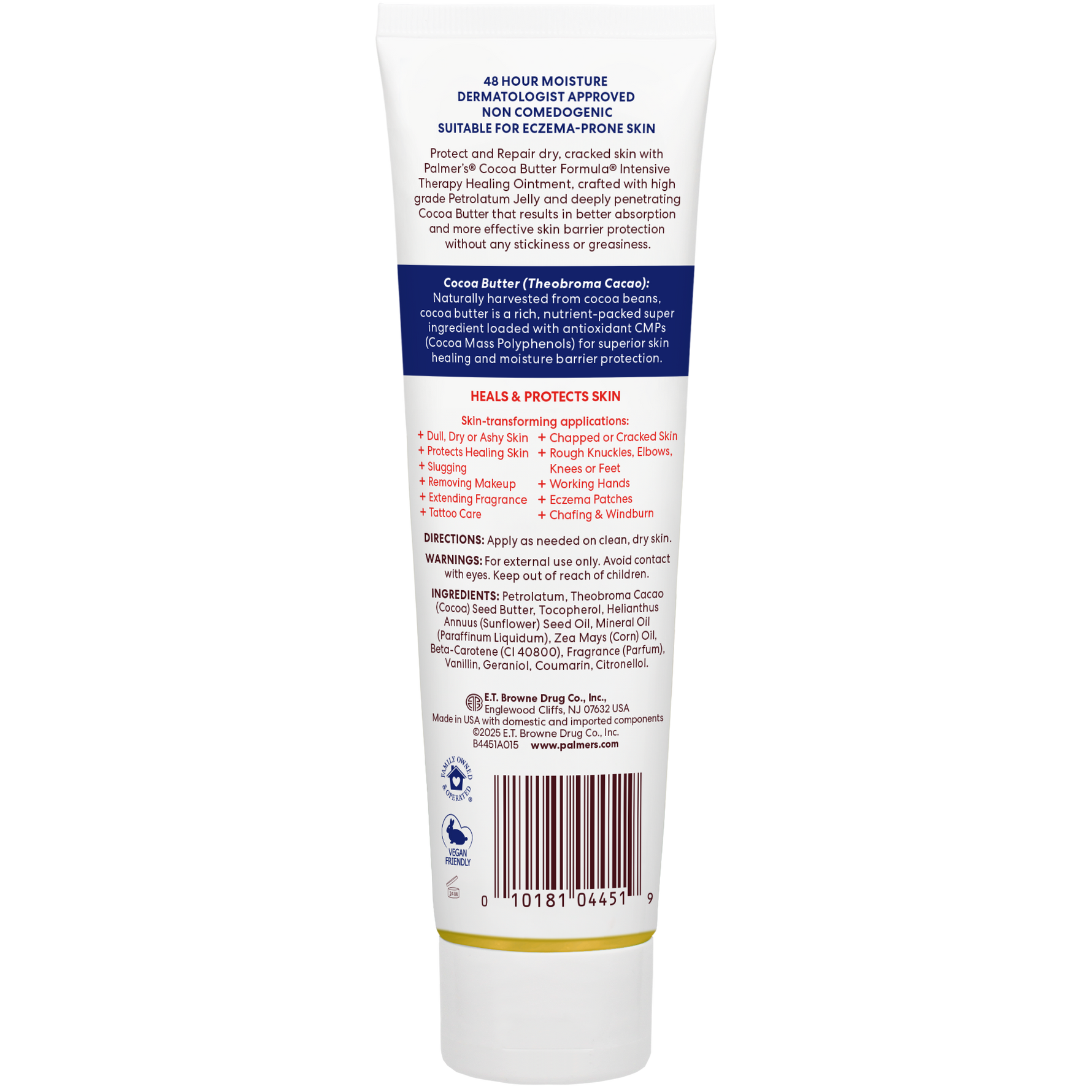 Back view of a skincare product tube with text and a bar code on a white background