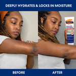 Before and after comparison of a woman's arm with a product for moisturizing.