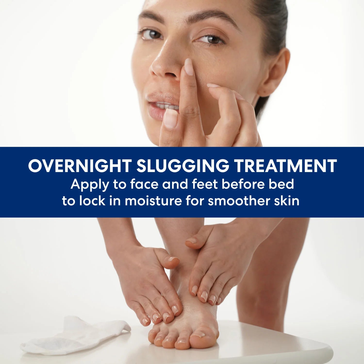 Woman applying a treatment to her face and feet with text about an overnight slugging treatment.
