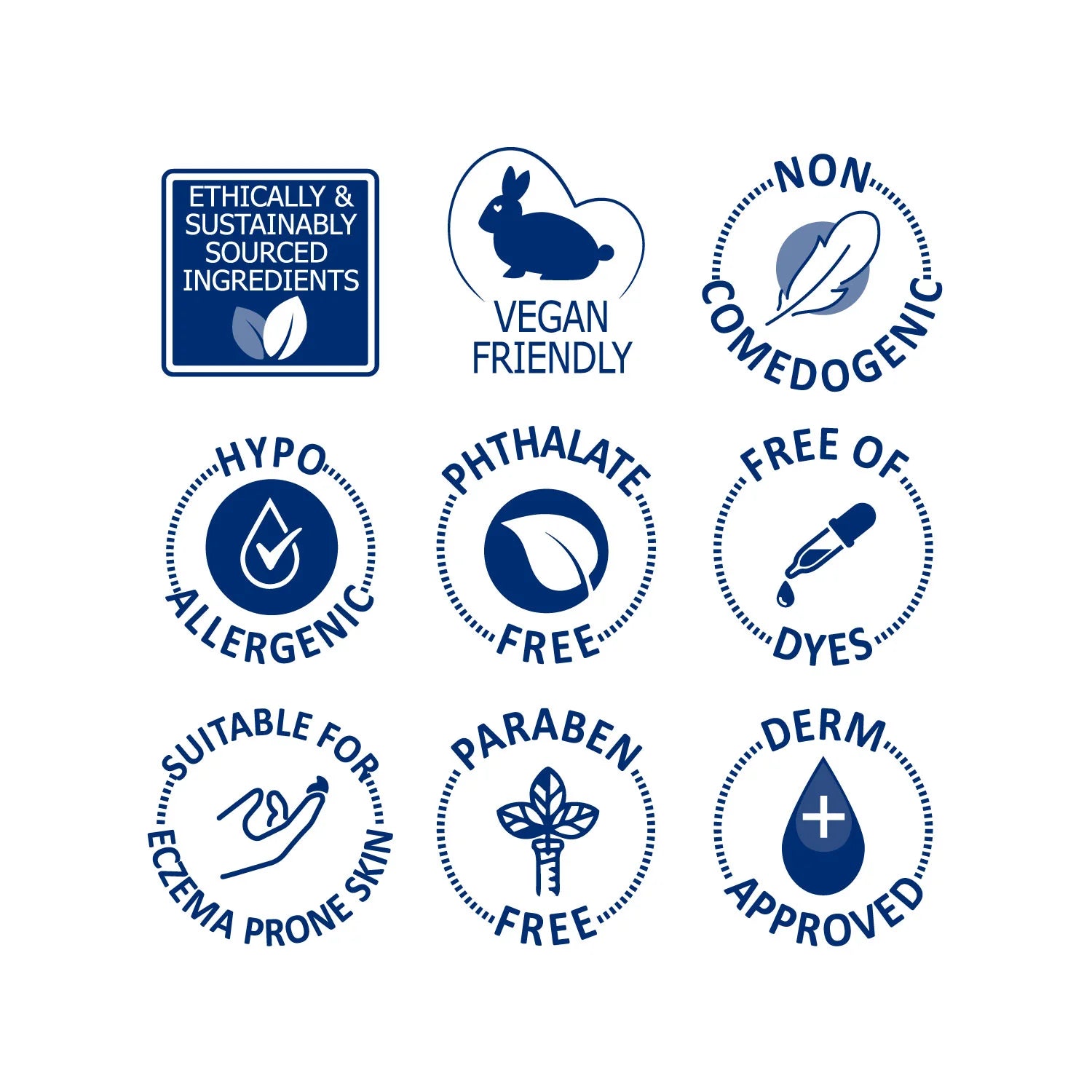 Collection of blue and white product safety and certification logos on a white background