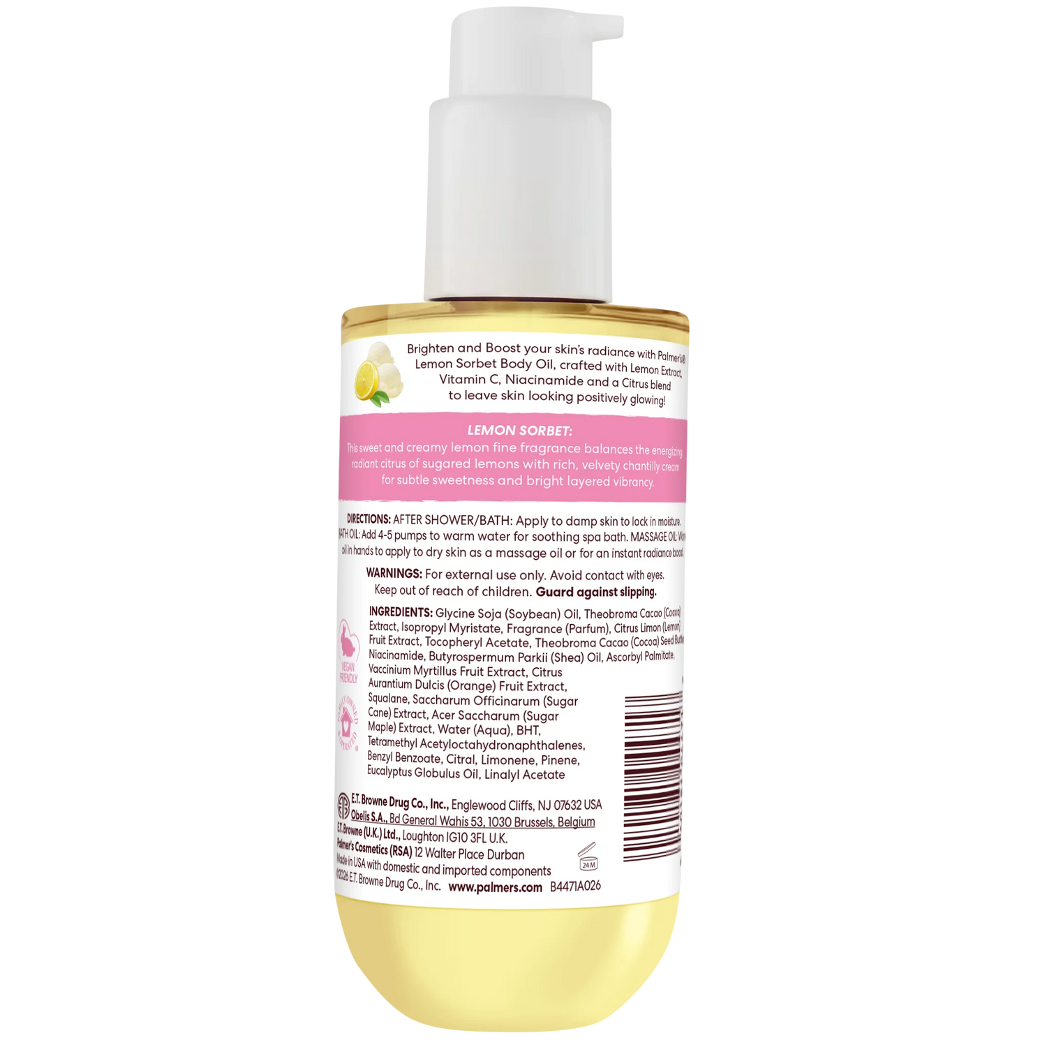 Body oil bottle with pump and label on a white background