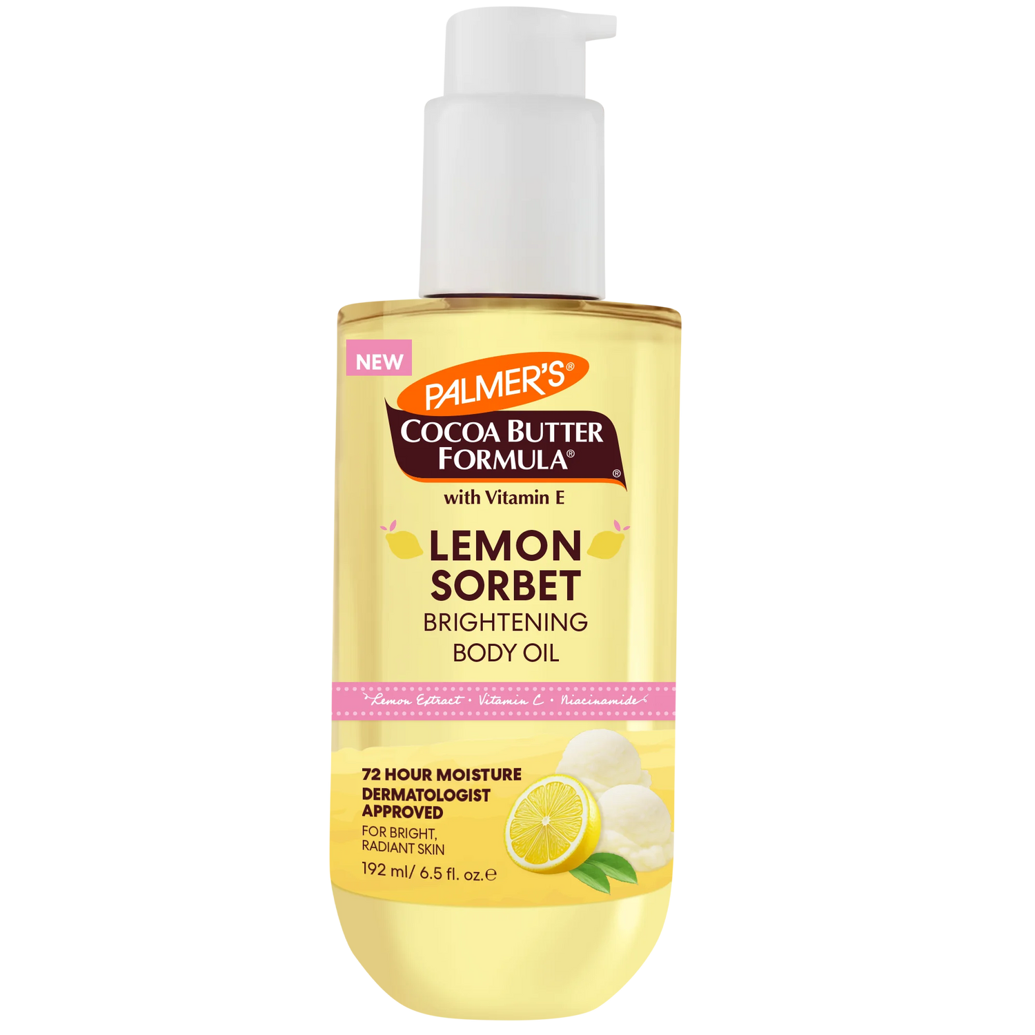 Palmer's Cocoa Butter Formula Lemon Sorbet Brightening Body Oil bottle on a white background