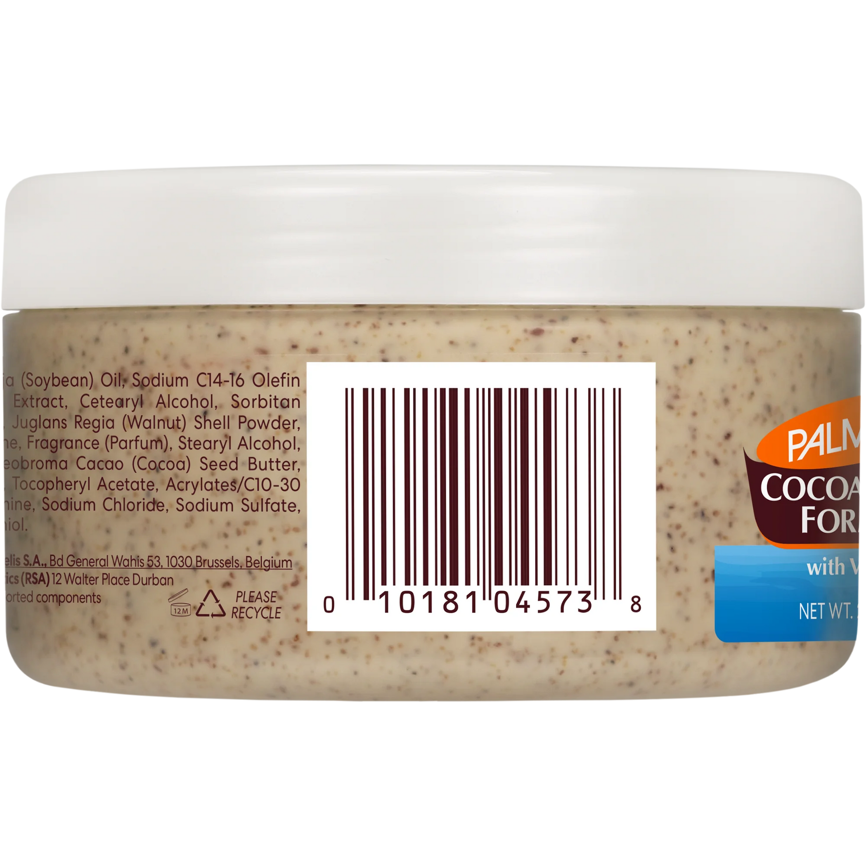 Palmer's Cocoa Body Scrub in a clear jar with white lid.