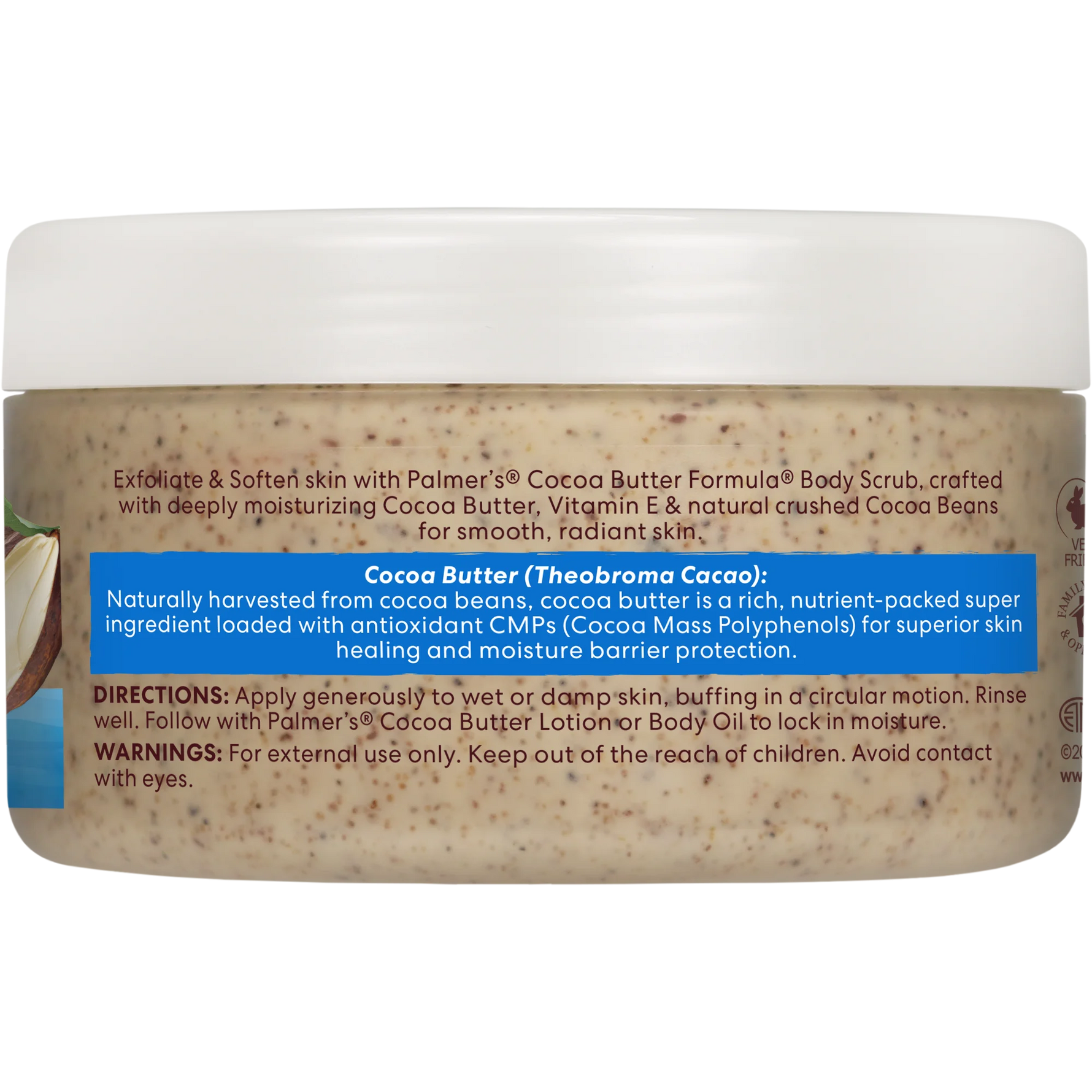 Palmer’s Cocoa Body Scrub label detailing ingredients and usage instructions.