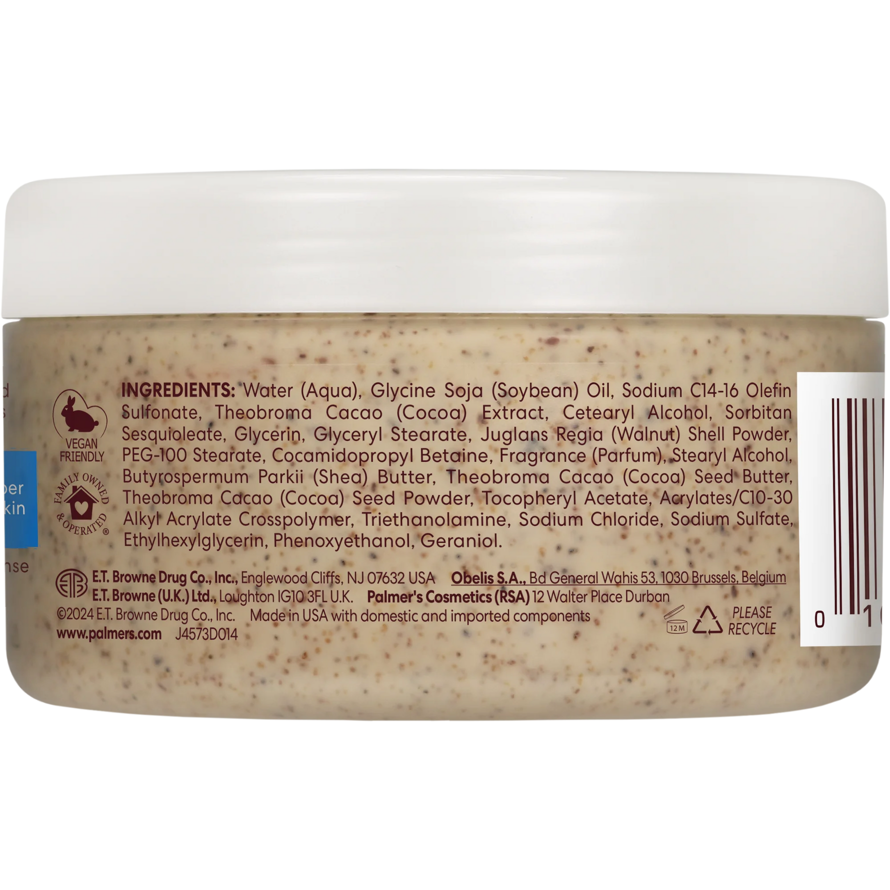 Palmer's Cocoa Body Scrub back label with ingredients and badges.