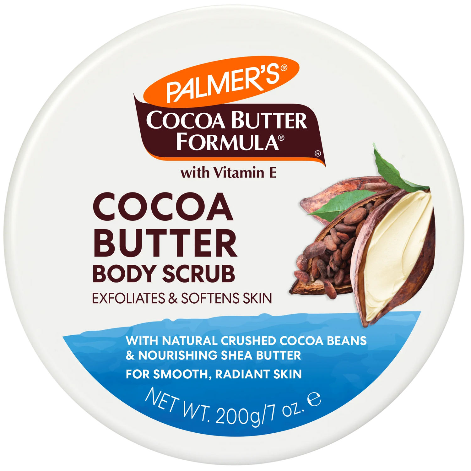 Cocoa Body Scrub jar; exfoliates, softens with cocoa beans, shea butter.