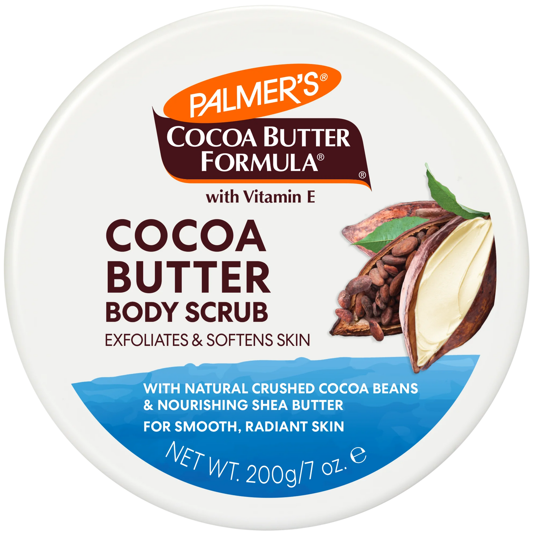 Cocoa Body Scrub jar; exfoliates, softens with cocoa beans, shea butter.